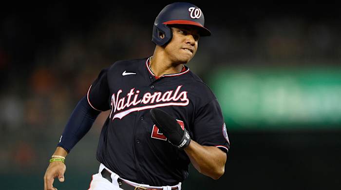 Washington Nationals' Juan Soto runs to third during the fourth inning of a baseball game against the Boston Red Sox, Oct. 1, 2021, in Washington.